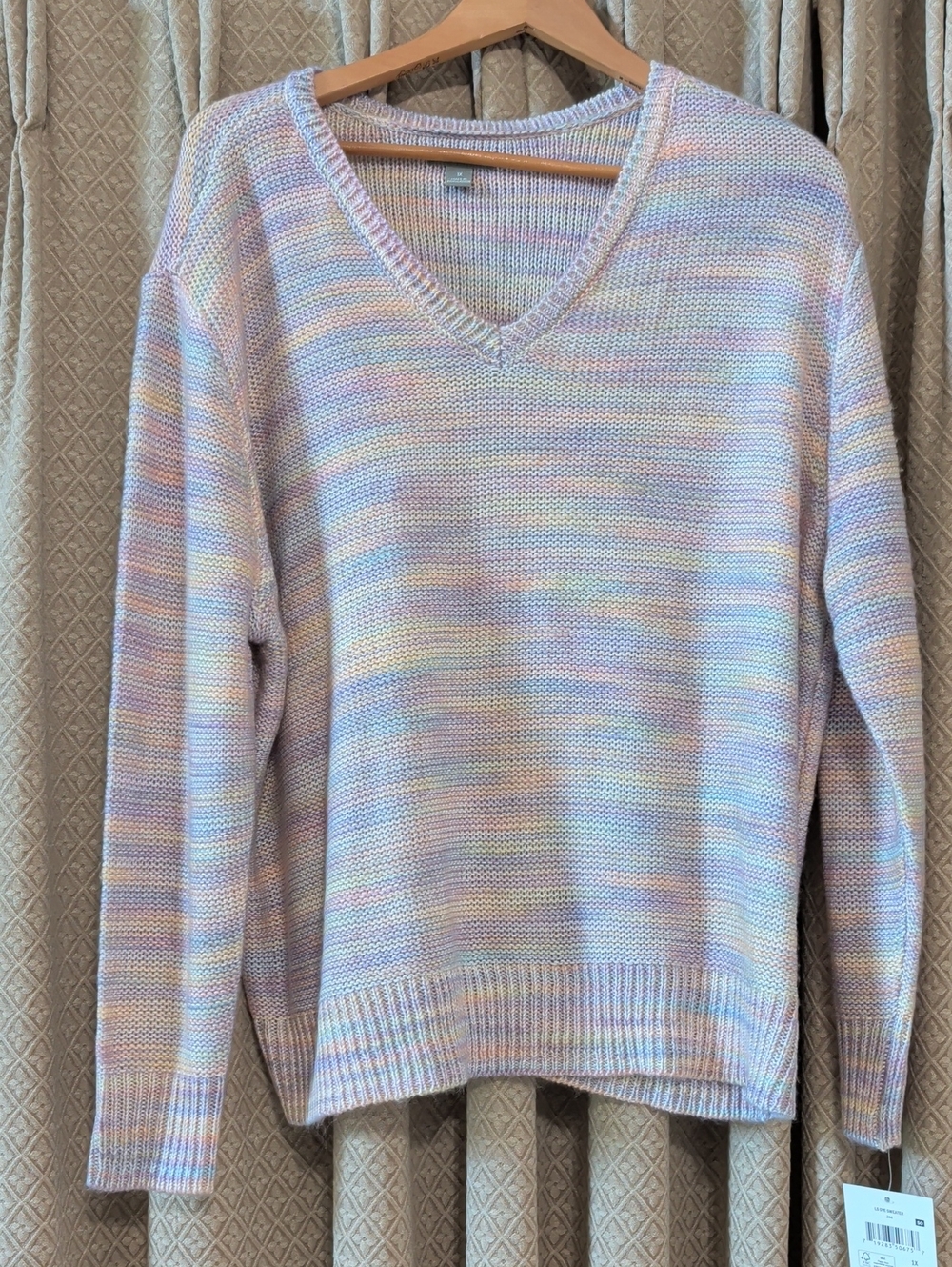 NWT Womens Size 1X Falls Creek Pastel multicolor V-neck Knit Sweater Ribbed Trim